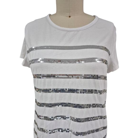 ELLEN TRACY Sz  L white cotton blend T-shirt Bling  silver sequined stripes - Picture 2 of 5